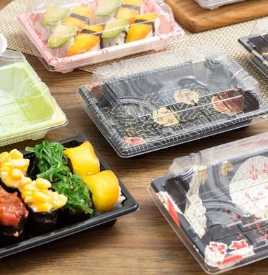Custom Cake Packaging Transparent Disposable Takeout Sushi Tray Rectangular Plastic Sushi Food Packing Tray Sushi Box with Lid